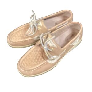 Sperry Top-Sider Womens Tan Leather Woven Boat Shoes Loafers Classic 8.5